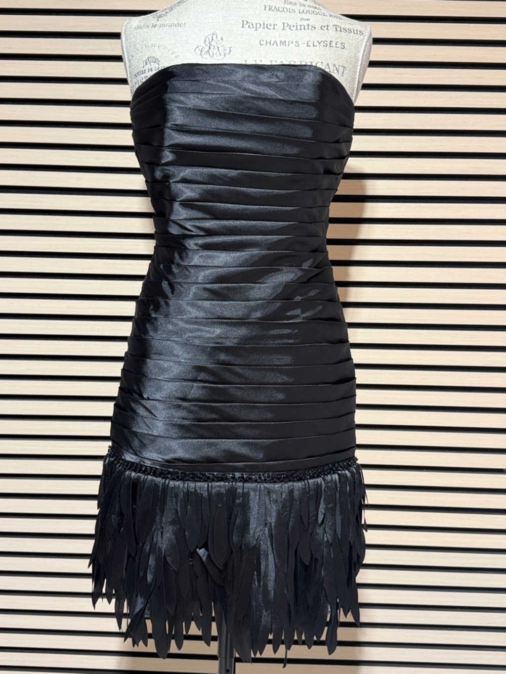 Strapless Black Pleated Cocktail Dress with Feather Trim